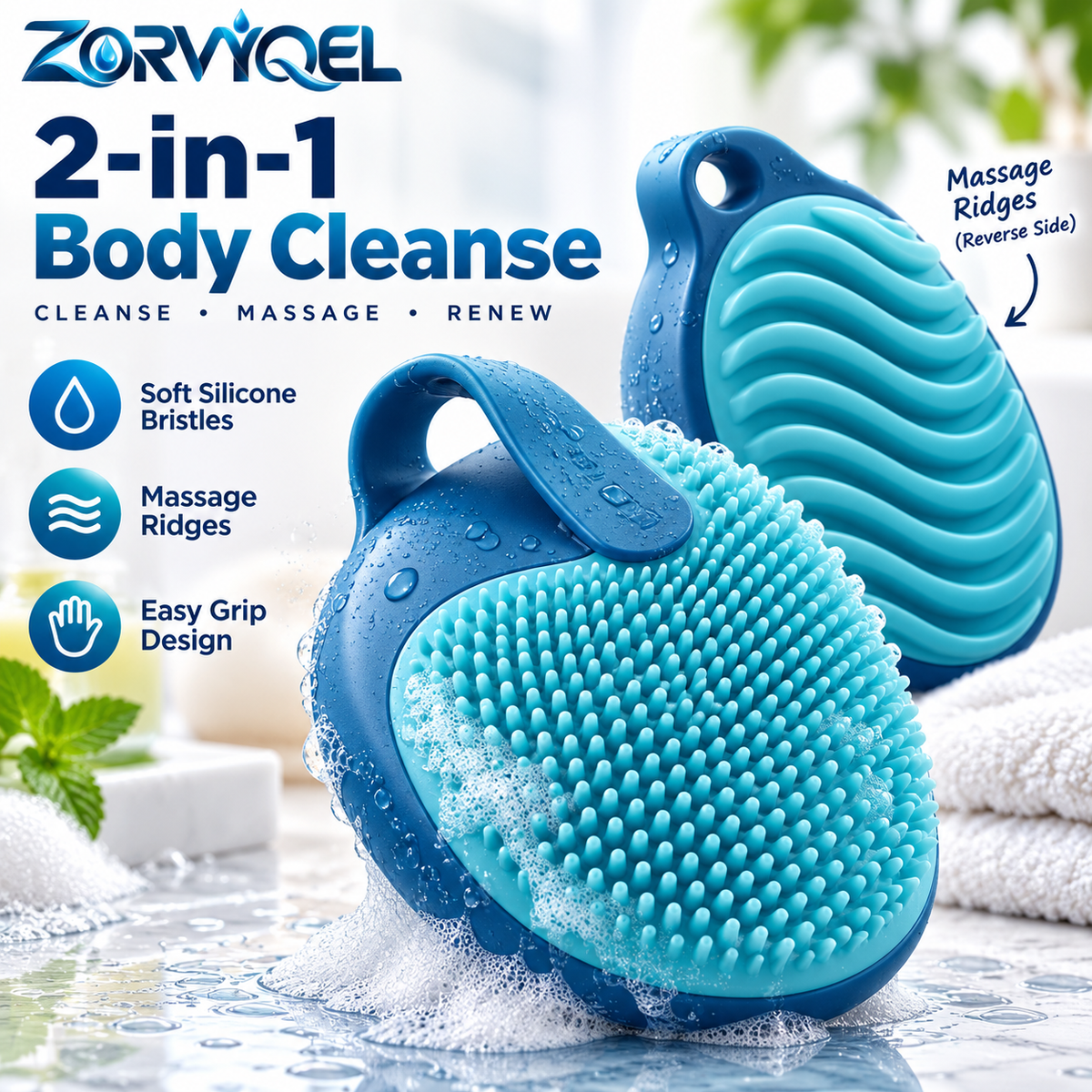 ZORVYQEL 2-in-1 Silicone Body Scrubber - Dual-Sided Shower Brush with Easy-Grip Strap for Body Cleansing & Massage