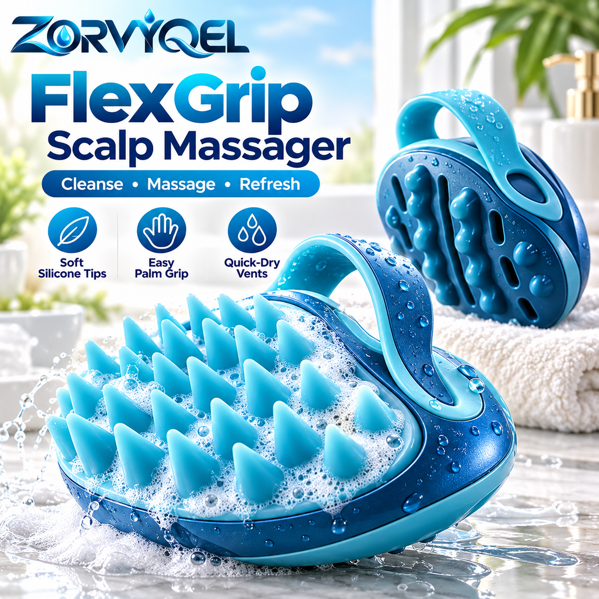 ZORVYQEL FlexGrip Silicone Scalp Massager & Shampoo Brush - Soft Scalp Scrubber with Easy Palm Strap and Quick-Dry Vents