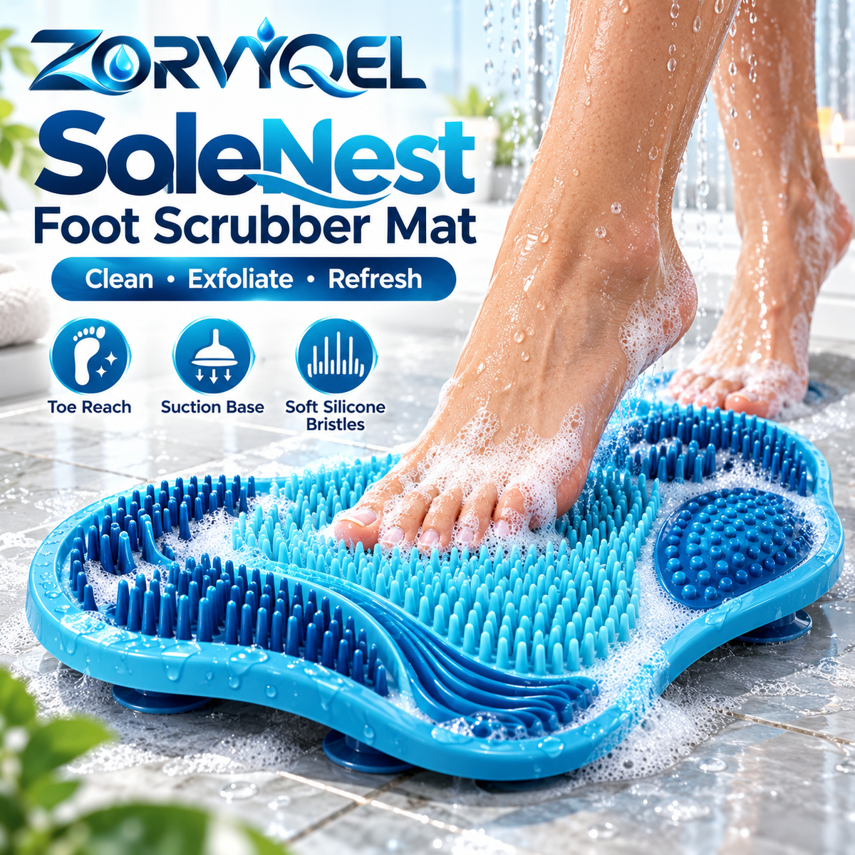 ZORVYQEL SoleNest Silicone Foot Scrubber Mat - Shower Foot Cleaning Brush with Suction Cup Base, Toe Bristles & Heel Massage Texture