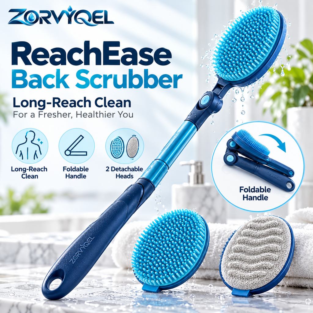 ZORVYQEL Foldable Long Handle Back Scrubber - Shower Brush with Detachable Silicone Bristle & Textured Body Scrub Heads