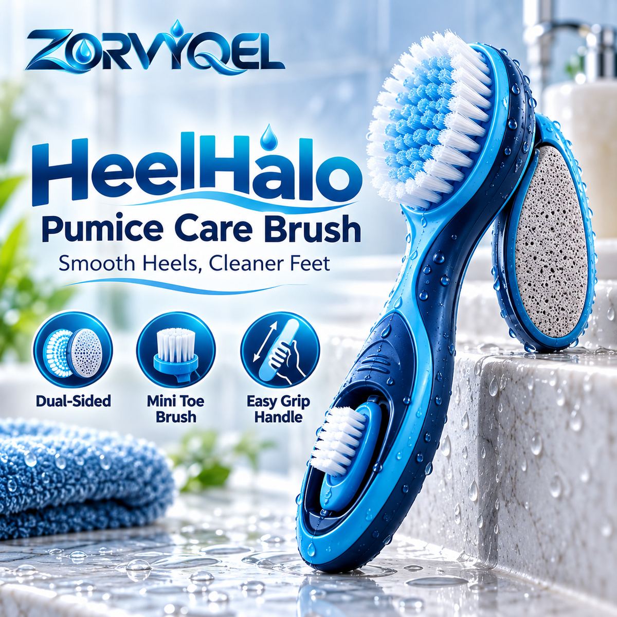 ZORVYQEL HeelHalo Pumice Foot Care Brush - Dual-Sided Heel Scrubber with Soft Cleansing Bristles, Ergonomic Handle & Mini Toe Brush