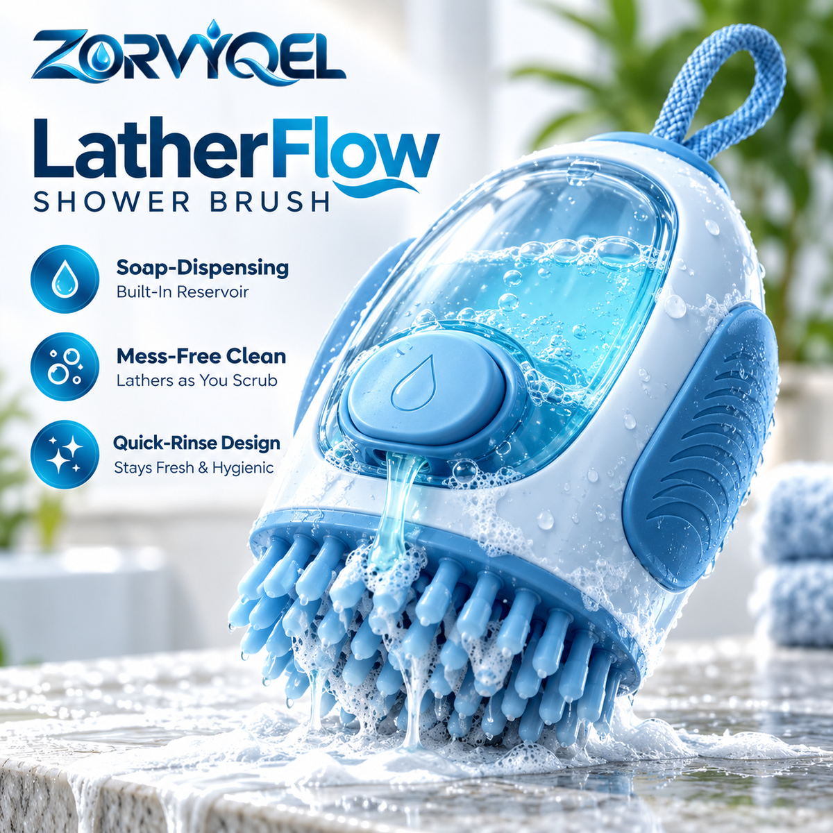 ZORVYQEL Soap Dispensing Shower Brush - Refillable Silicone Body Scrubber with Push-Button Body Wash Dispenser & Easy Grip