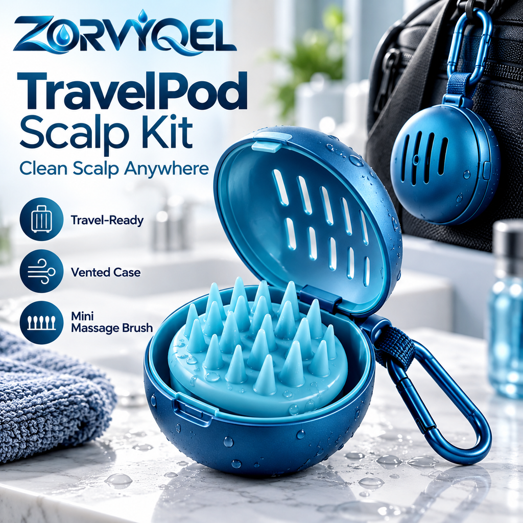 ZORVYQEL TravelPod Portable Scalp Massager Kit - Mini Silicone Shampoo Brush with Vented Protective Case & Clip for Gym and Travel