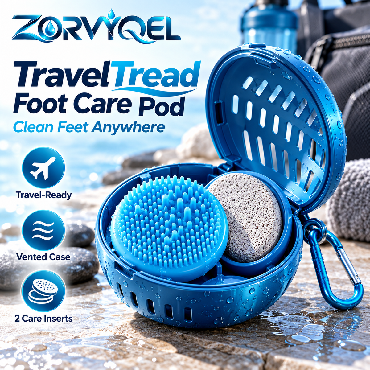 ZORVYQEL TravelTread Portable Foot Scrubber Kit - Compact Shower Foot Brush with Silicone Scrub Pad, Pumice-Style Insert & Vented Travel Case