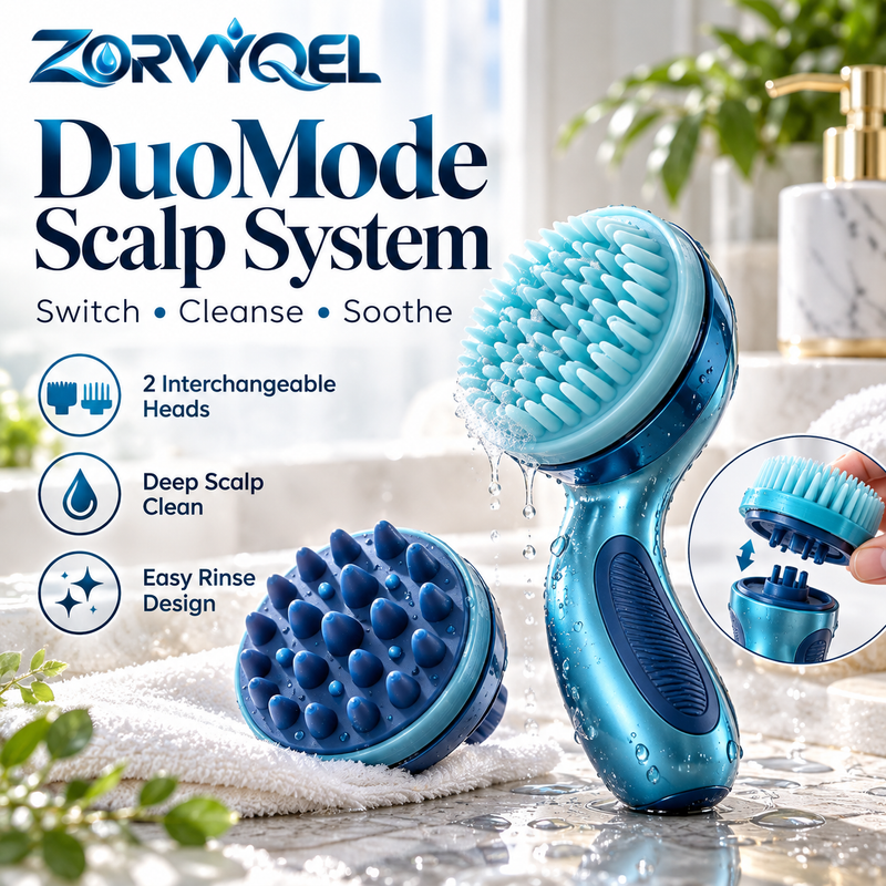 ZORVYQEL DuoMode 2-Head Scalp Brush System - Manual Shampoo Scrubber with Interchangeable Soft Silicone Cleansing & Massage Heads