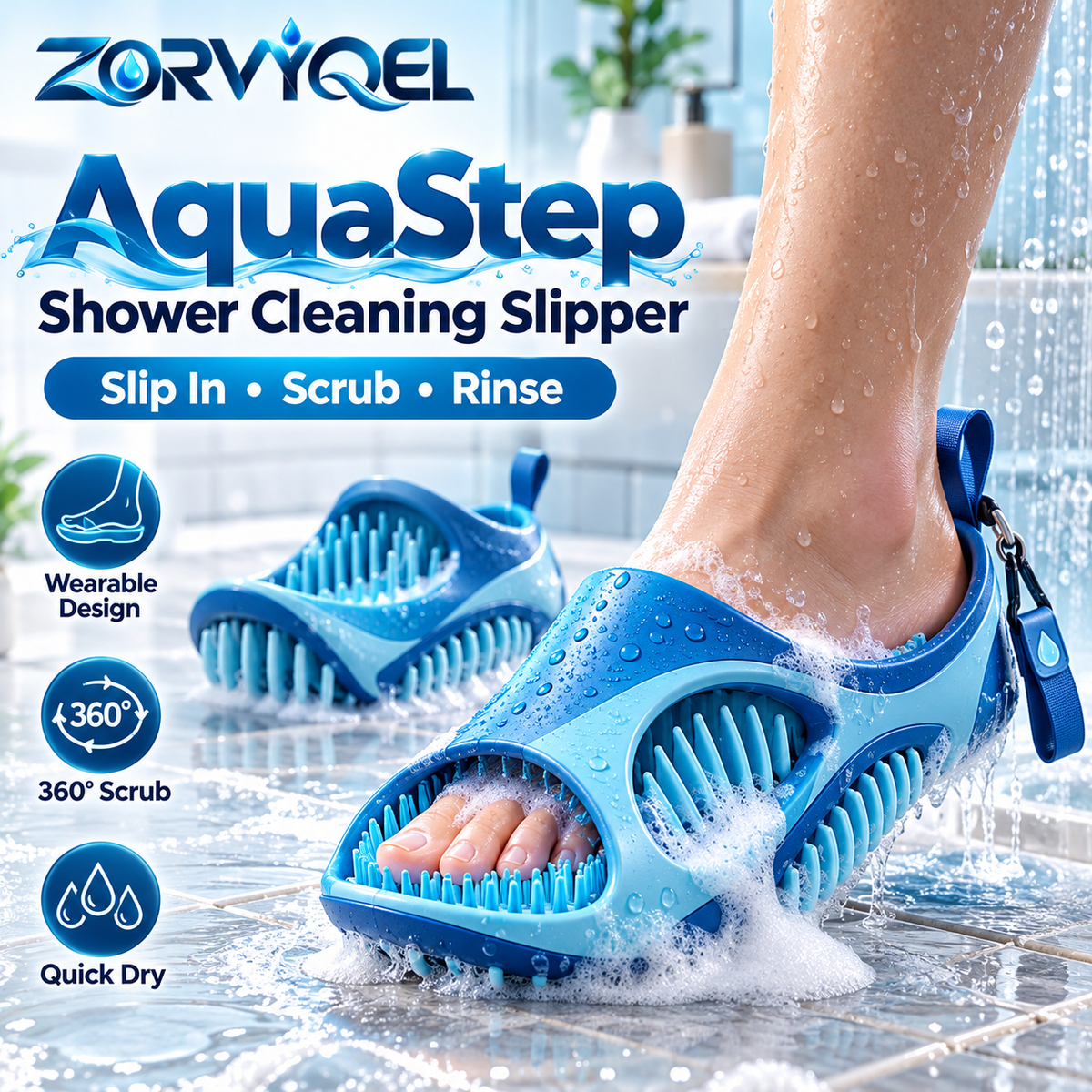 ZORVYQEL AquaStep Shower Foot Cleaning Slipper - Wearable Silicone Foot Scrubber with Soft Inner Bristles, Sidewall Cleaning Fins & Rinse-Friendly Design