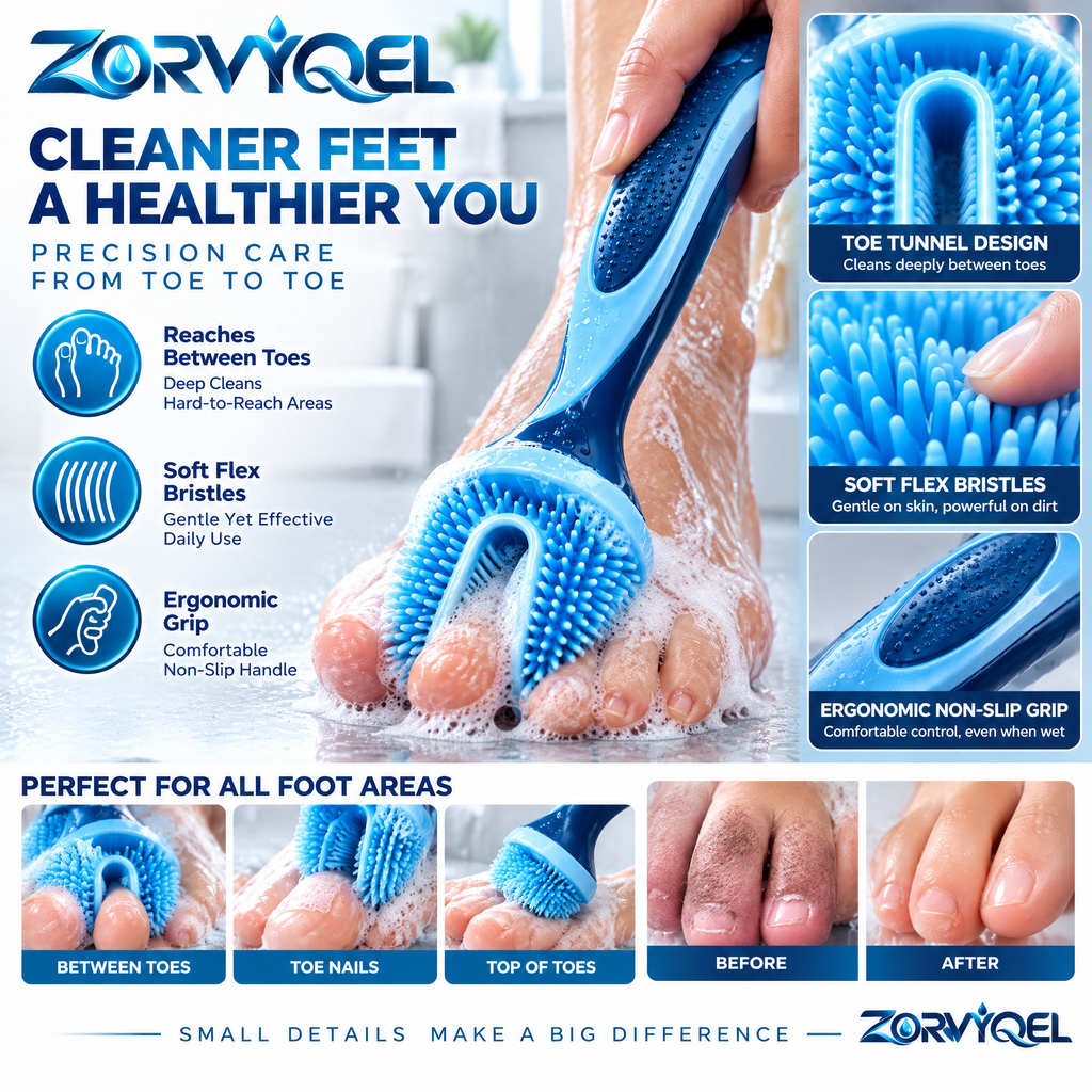 ZORVYQEL ToeTunnel Precision Foot Cleaning Brush - Ergonomic Silicone Between-Toe Scrubber with U-Shaped Soft Bristles for Shower Washing