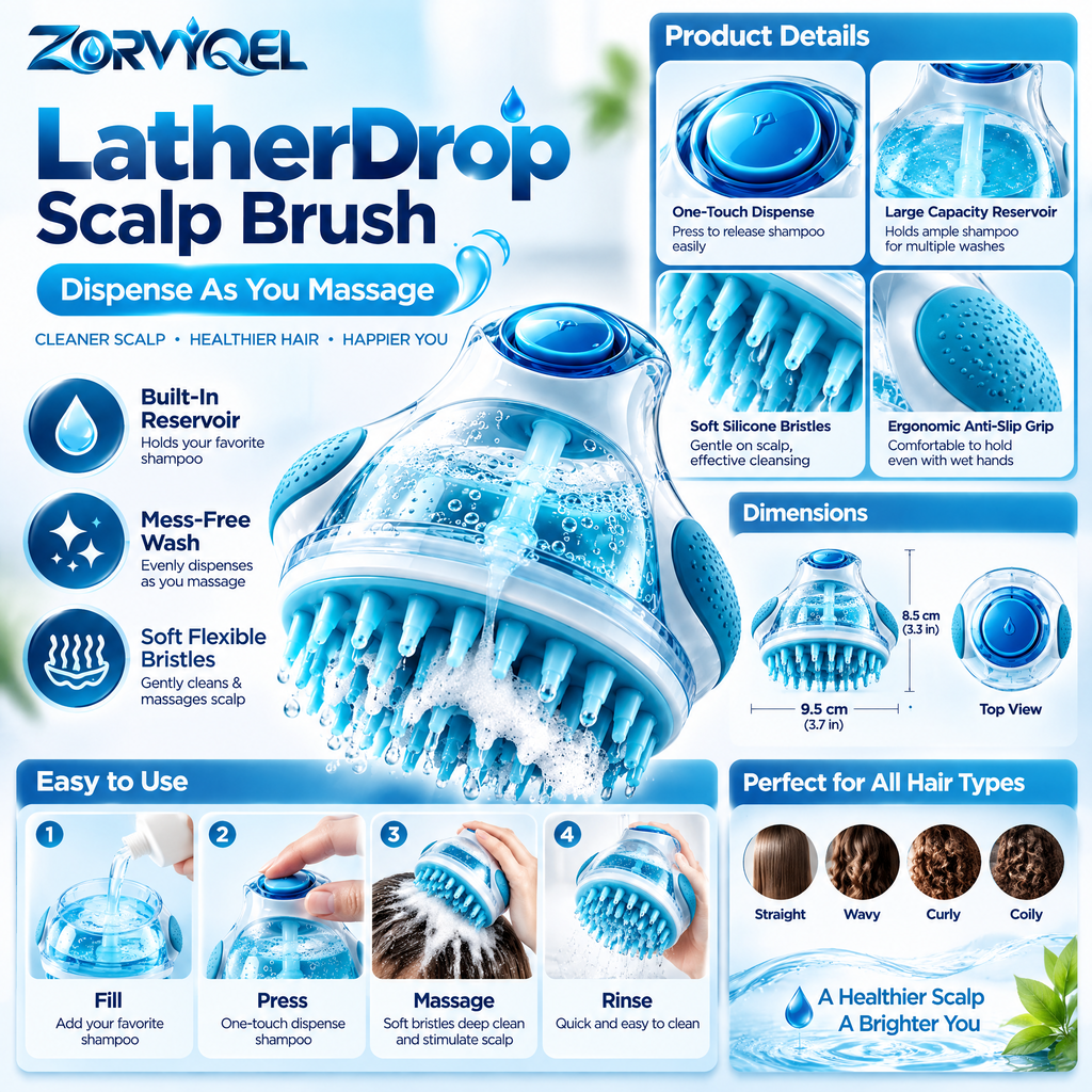 ZORVYQEL LatherDrop Shampoo Dispensing Scalp Brush - Refillable Silicone Scalp Scrubber with Press Button, Soft Bristles & Easy Grip
