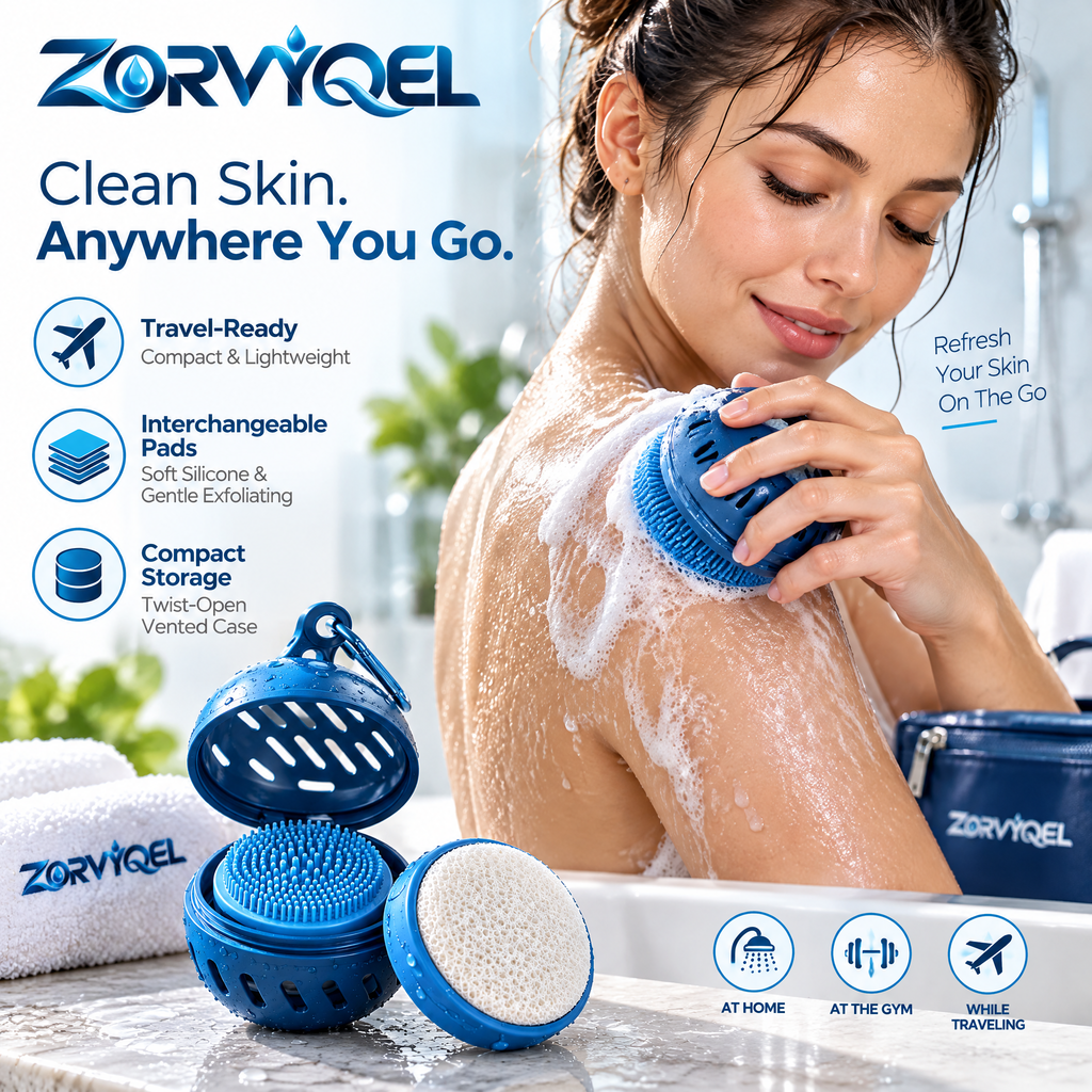 ZORVYQEL Travel Body Scrubber Kit - Portable Silicone Shower Brush with 2 Interchangeable Scrub Pads & Vented Carry Case