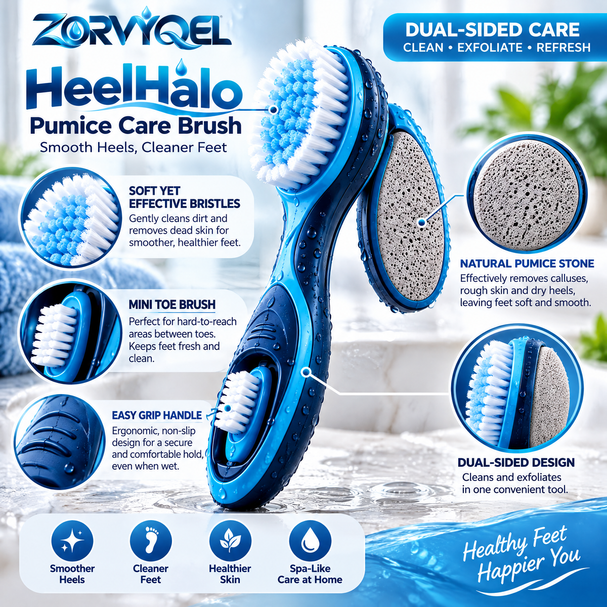 ZORVYQEL HeelHalo Pumice Foot Care Brush - Dual-Sided Heel Scrubber with Soft Cleansing Bristles, Ergonomic Handle & Mini Toe Brush