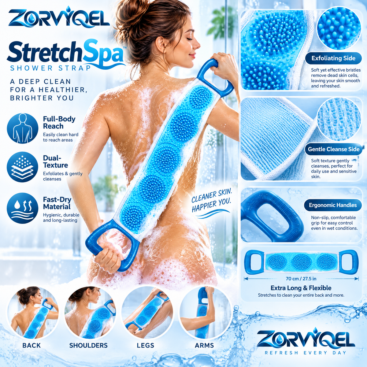 ZORVYQEL Dual-Sided Back Scrubber Strap - Long-Reach Exfoliating Shower Belt with Easy-Pull Handles for Full-Body Washing