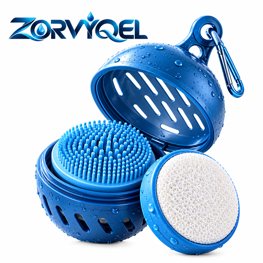 ZORVYQEL Travel Body Scrubber Kit - Portable Silicone Shower Brush with 2 Interchangeable Scrub Pads & Vented Carry Case