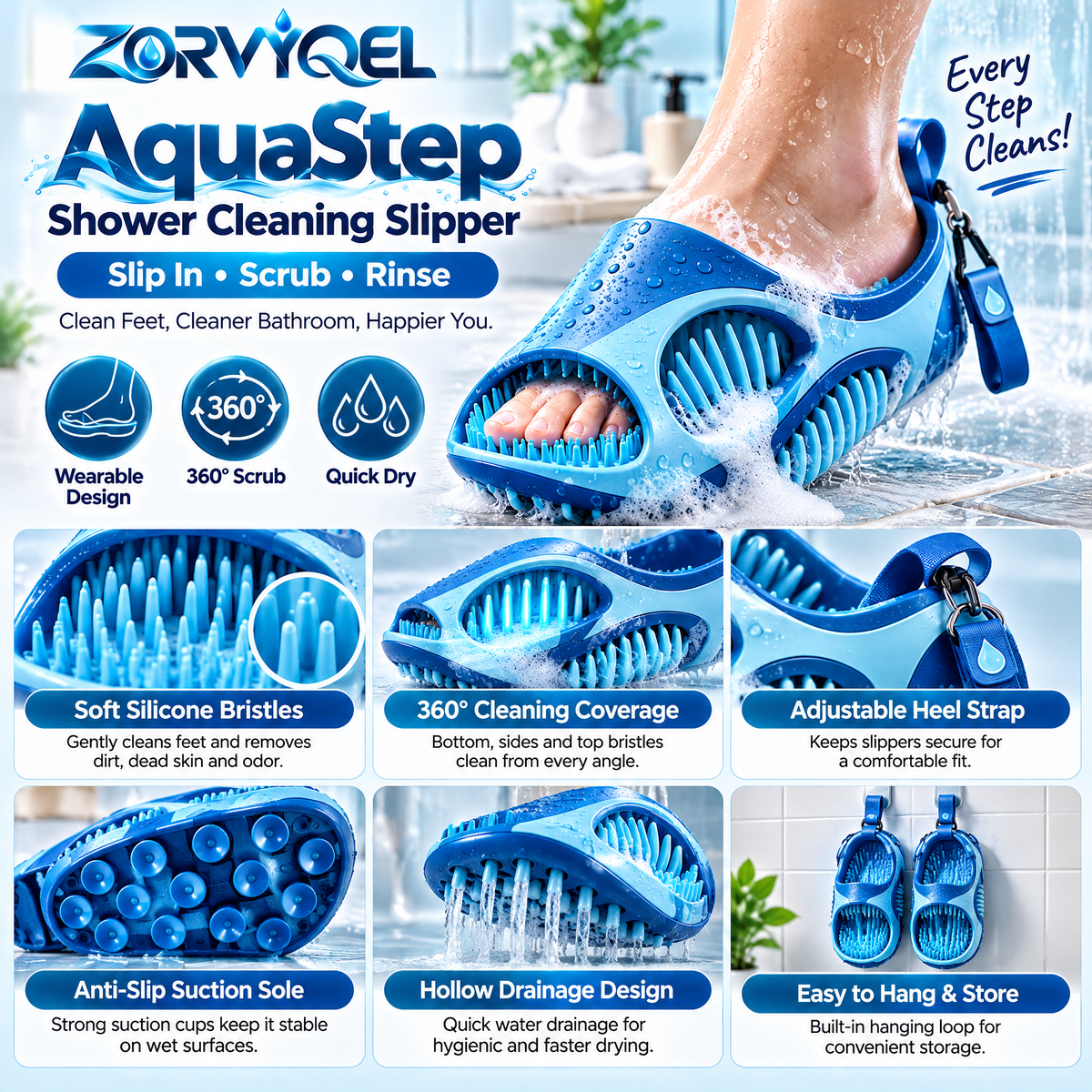 ZORVYQEL AquaStep Shower Foot Cleaning Slipper - Wearable Silicone Foot Scrubber with Soft Inner Bristles, Sidewall Cleaning Fins & Rinse-Friendly Design