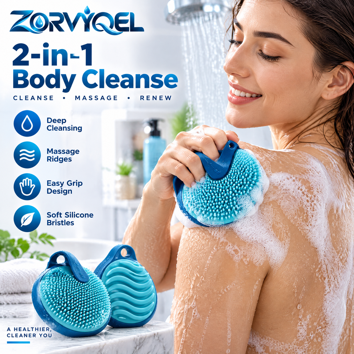 ZORVYQEL 2-in-1 Silicone Body Scrubber - Dual-Sided Shower Brush with Easy-Grip Strap for Body Cleansing & Massage