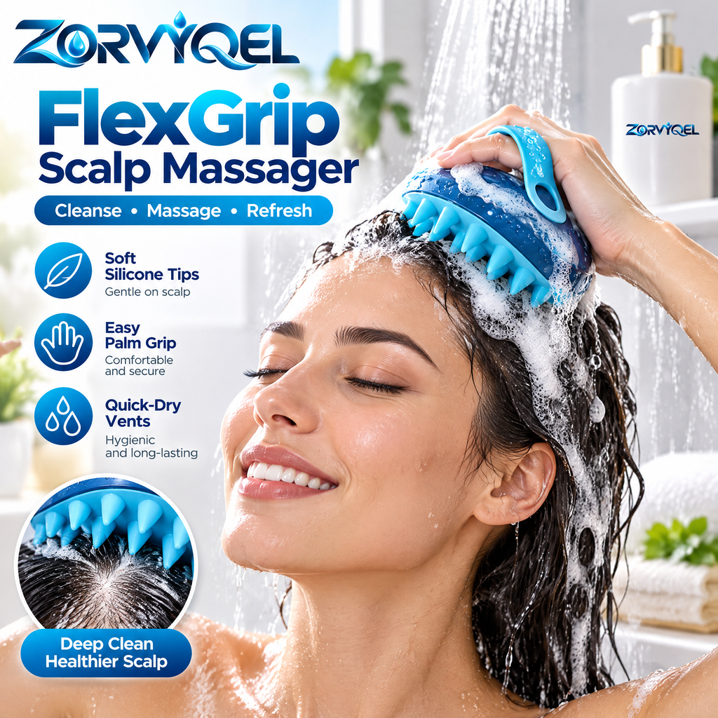ZORVYQEL FlexGrip Silicone Scalp Massager & Shampoo Brush - Soft Scalp Scrubber with Easy Palm Strap and Quick-Dry Vents