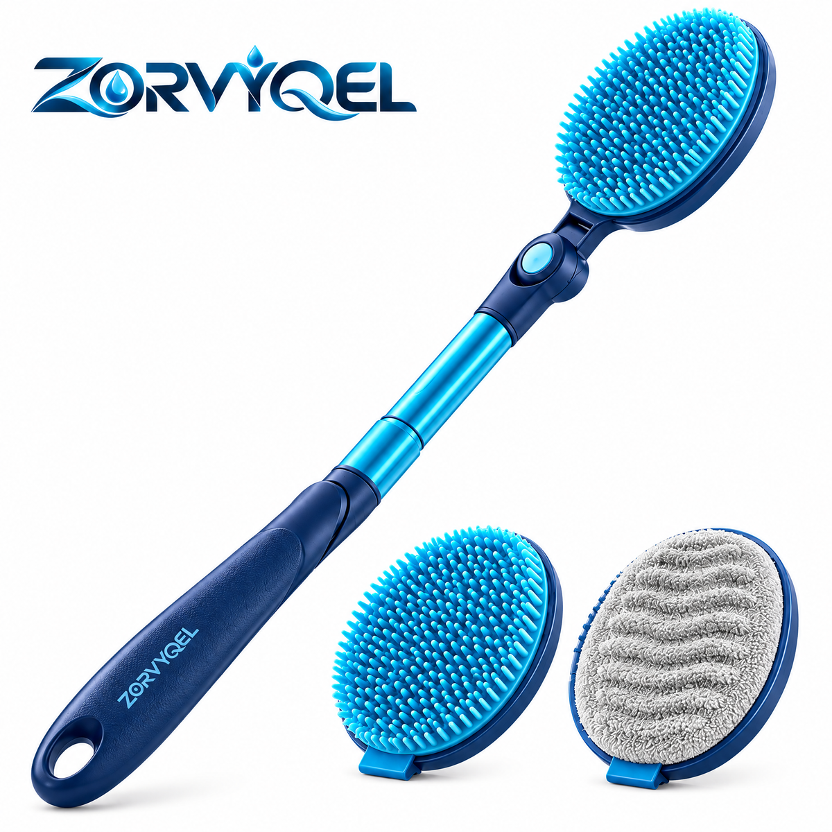 ZORVYQEL Foldable Long Handle Back Scrubber - Shower Brush with Detachable Silicone Bristle & Textured Body Scrub Heads