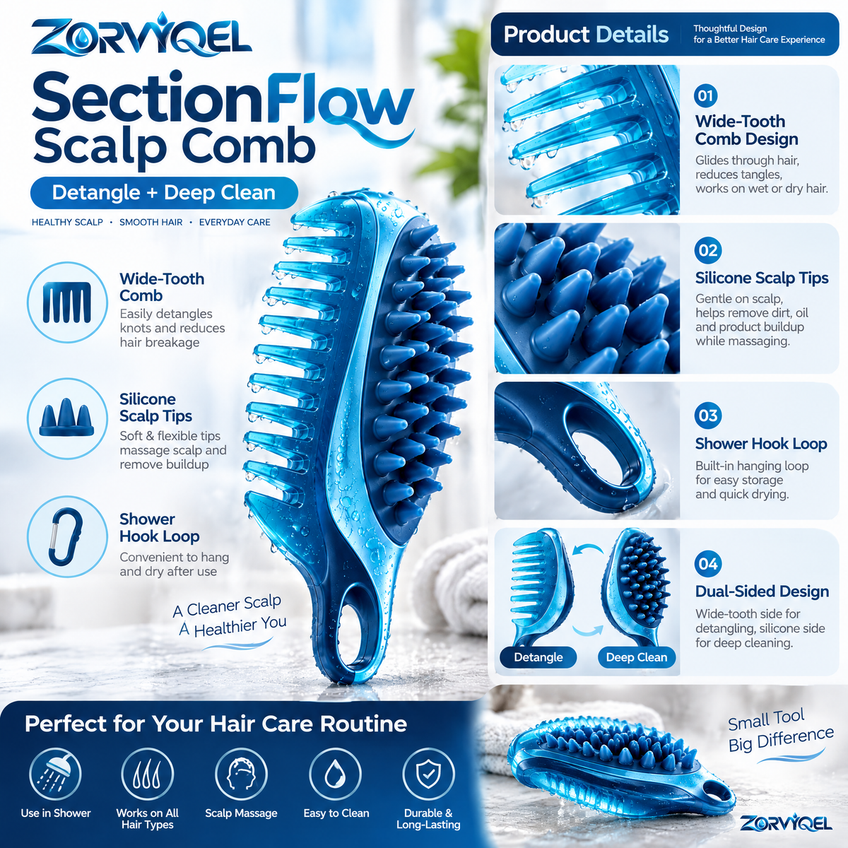 ZORVYQEL SectionFlow 2-in-1 Scalp Cleaning Comb - Wide-Tooth Wet Hair Detangler & Silicone Shampoo Scrubber with Shower Hanging Loop