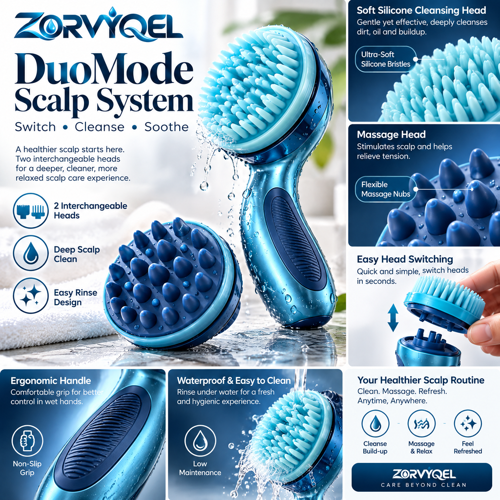 ZORVYQEL DuoMode 2-Head Scalp Brush System - Manual Shampoo Scrubber with Interchangeable Soft Silicone Cleansing & Massage Heads