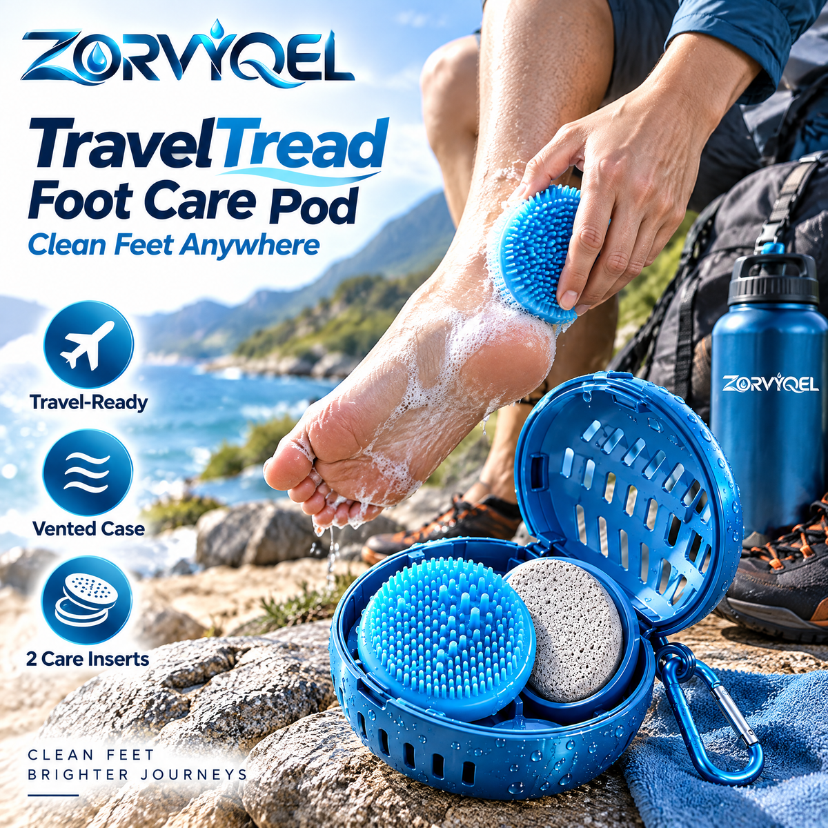 ZORVYQEL TravelTread Portable Foot Scrubber Kit - Compact Shower Foot Brush with Silicone Scrub Pad, Pumice-Style Insert & Vented Travel Case