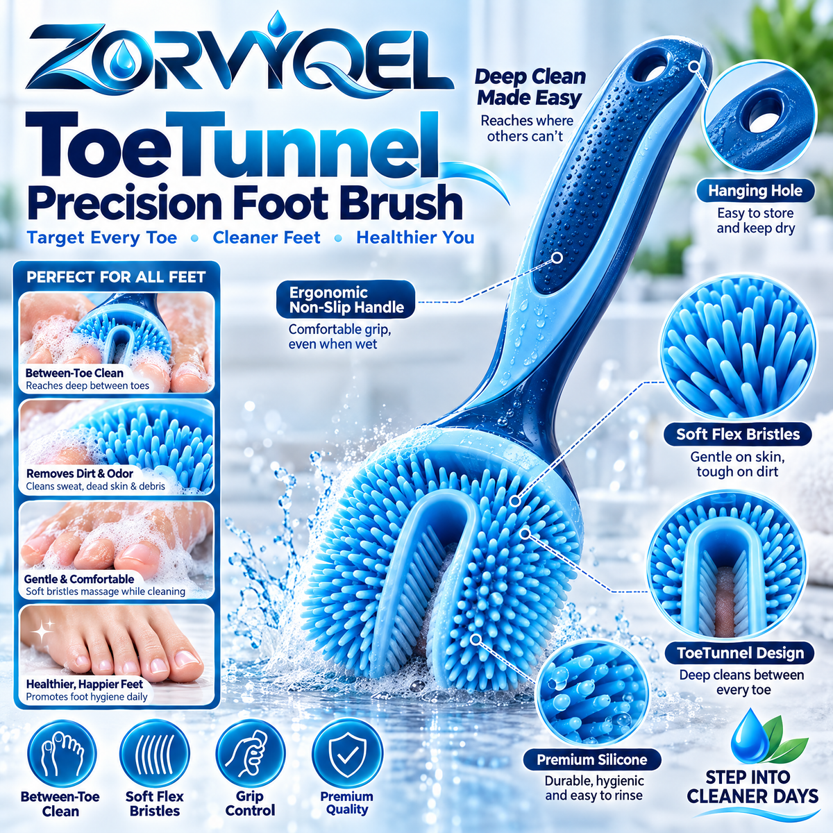 ZORVYQEL ToeTunnel Precision Foot Cleaning Brush - Ergonomic Silicone Between-Toe Scrubber with U-Shaped Soft Bristles for Shower Washing