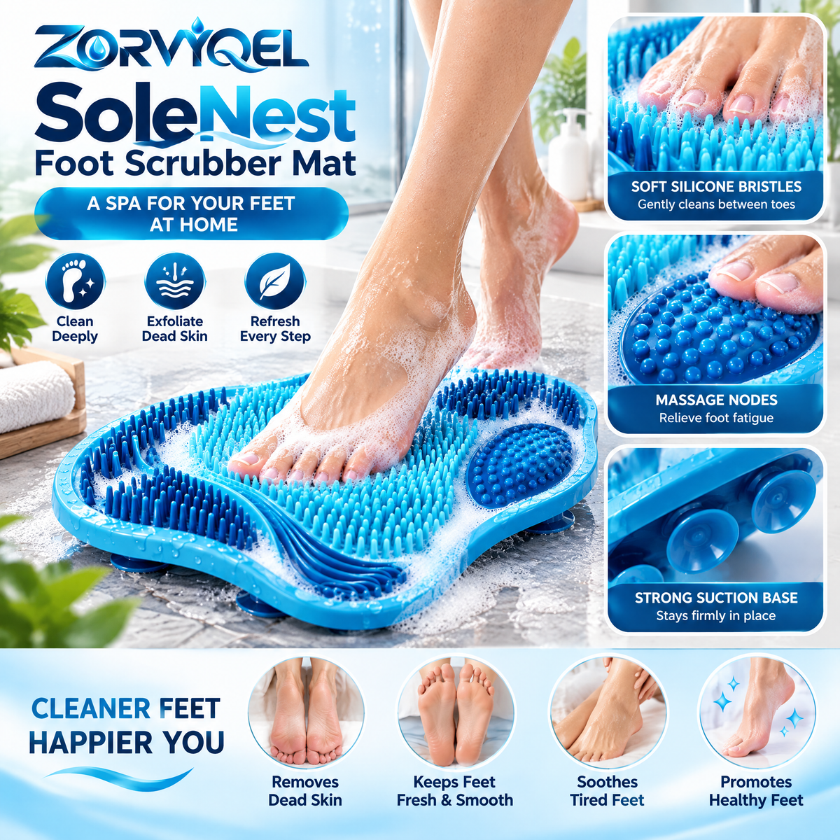 ZORVYQEL SoleNest Silicone Foot Scrubber Mat - Shower Foot Cleaning Brush with Suction Cup Base, Toe Bristles & Heel Massage Texture