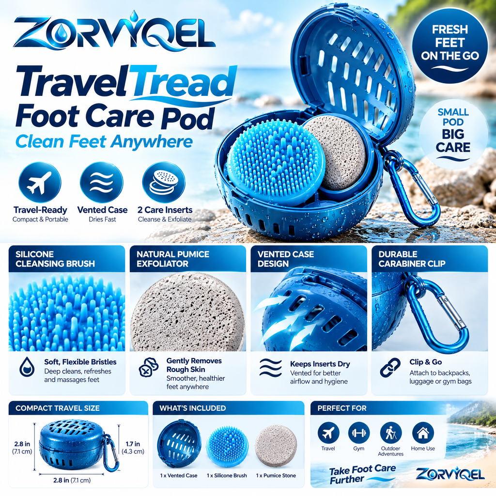 ZORVYQEL TravelTread Portable Foot Scrubber Kit - Compact Shower Foot Brush with Silicone Scrub Pad, Pumice-Style Insert & Vented Travel Case