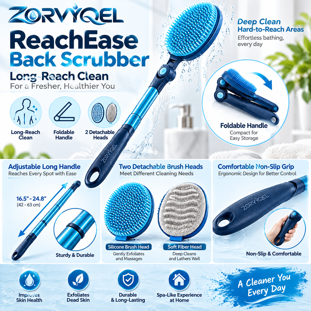 ZORVYQEL Foldable Long Handle Back Scrubber - Shower Brush with Detachable Silicone Bristle & Textured Body Scrub Heads