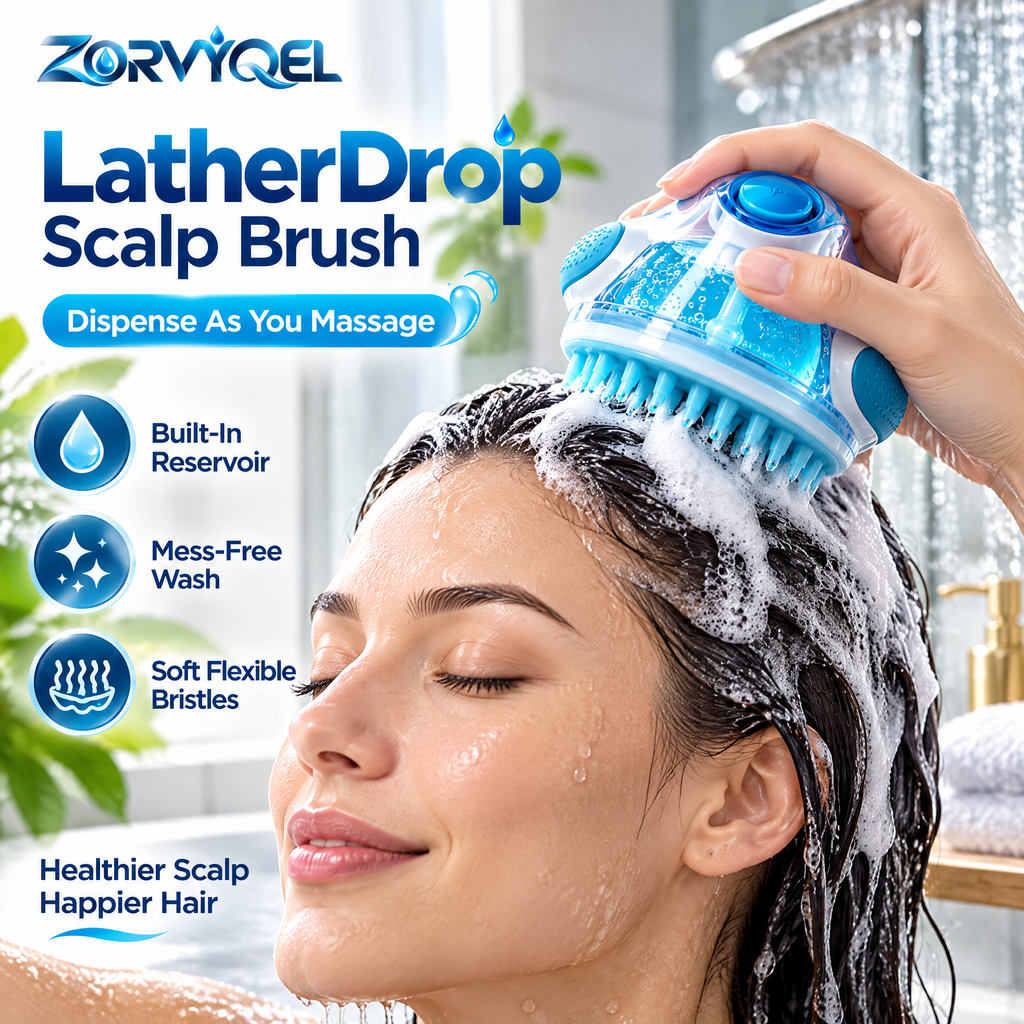ZORVYQEL LatherDrop Shampoo Dispensing Scalp Brush - Refillable Silicone Scalp Scrubber with Press Button, Soft Bristles & Easy Grip