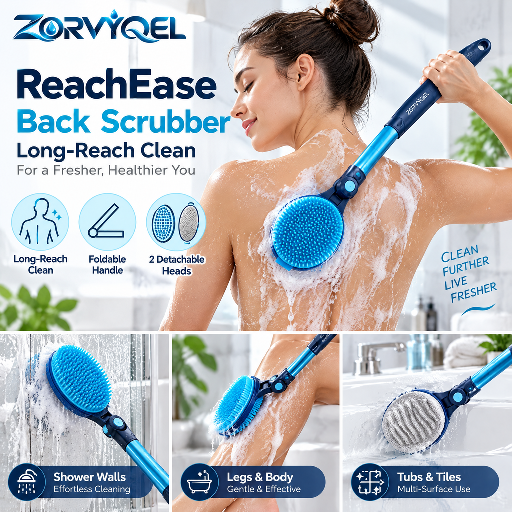 ZORVYQEL Foldable Long Handle Back Scrubber - Shower Brush with Detachable Silicone Bristle & Textured Body Scrub Heads