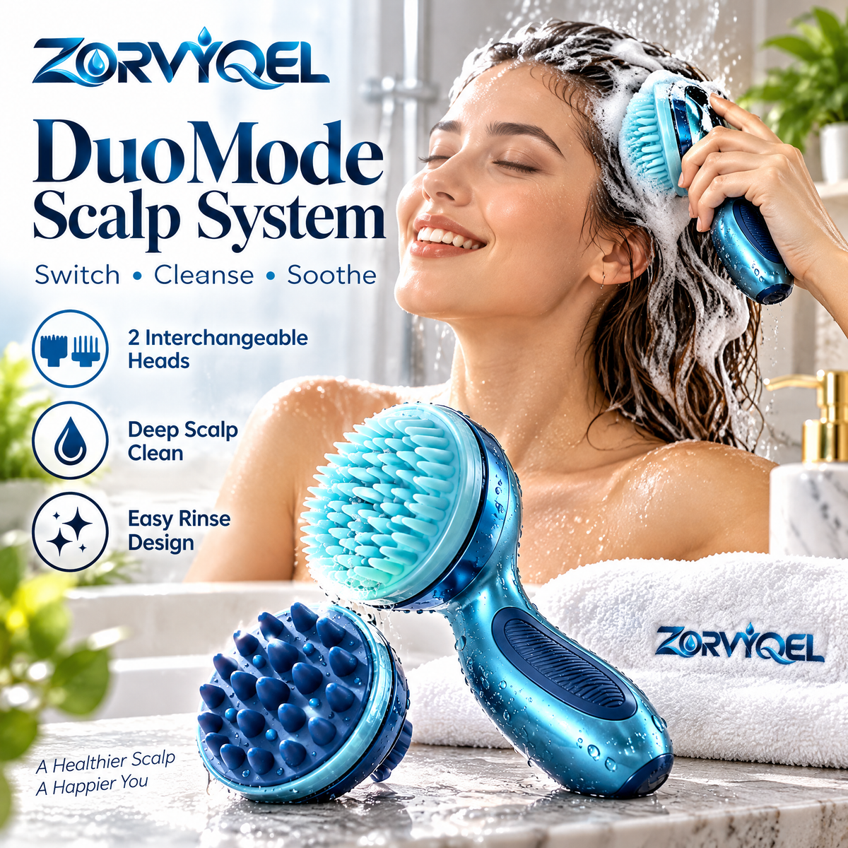 ZORVYQEL DuoMode 2-Head Scalp Brush System - Manual Shampoo Scrubber with Interchangeable Soft Silicone Cleansing & Massage Heads