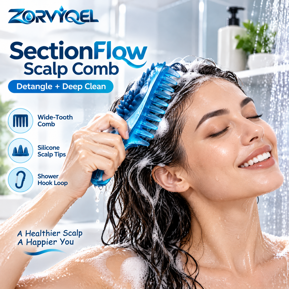 ZORVYQEL SectionFlow 2-in-1 Scalp Cleaning Comb - Wide-Tooth Wet Hair Detangler & Silicone Shampoo Scrubber with Shower Hanging Loop