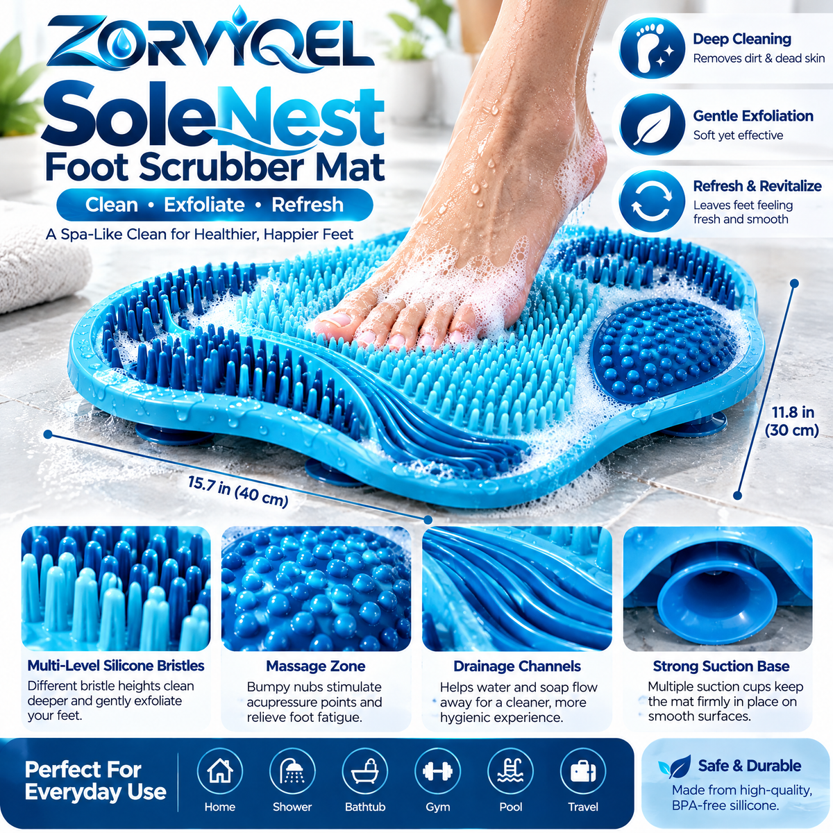 ZORVYQEL SoleNest Silicone Foot Scrubber Mat - Shower Foot Cleaning Brush with Suction Cup Base, Toe Bristles & Heel Massage Texture