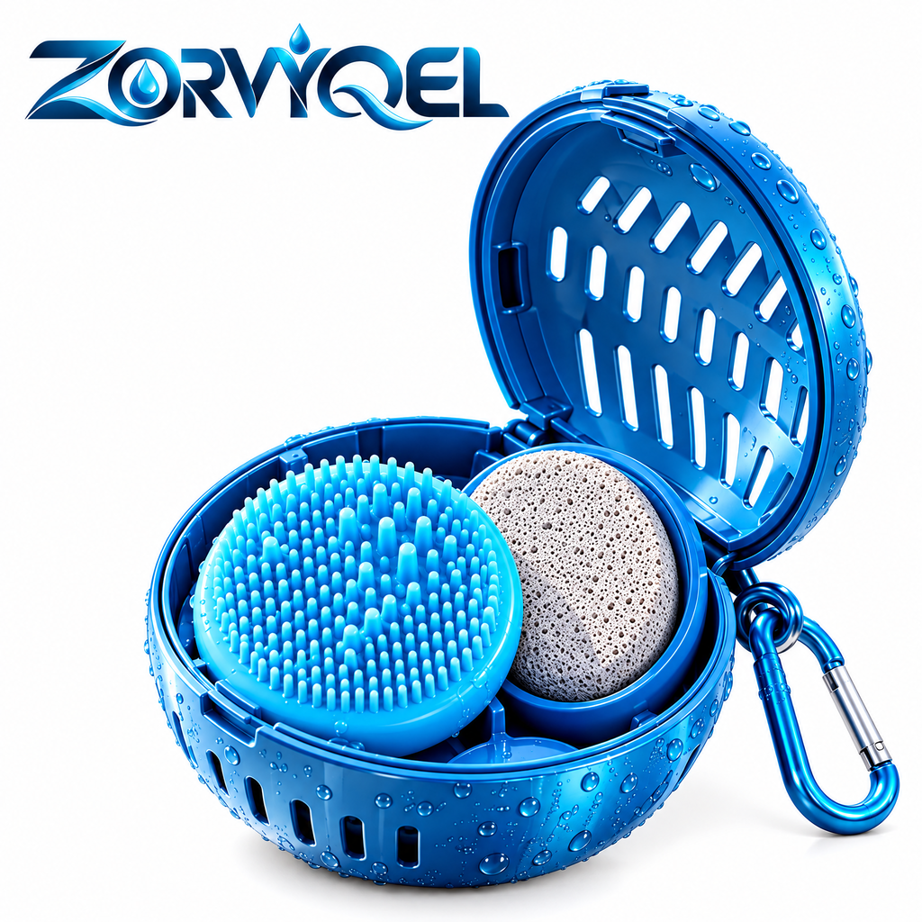 ZORVYQEL TravelTread Portable Foot Scrubber Kit - Compact Shower Foot Brush with Silicone Scrub Pad, Pumice-Style Insert & Vented Travel Case