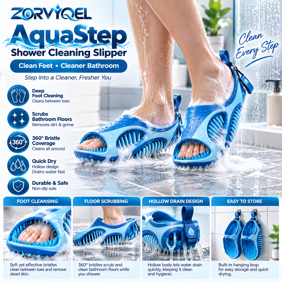 ZORVYQEL AquaStep Shower Foot Cleaning Slipper - Wearable Silicone Foot Scrubber with Soft Inner Bristles, Sidewall Cleaning Fins & Rinse-Friendly Design