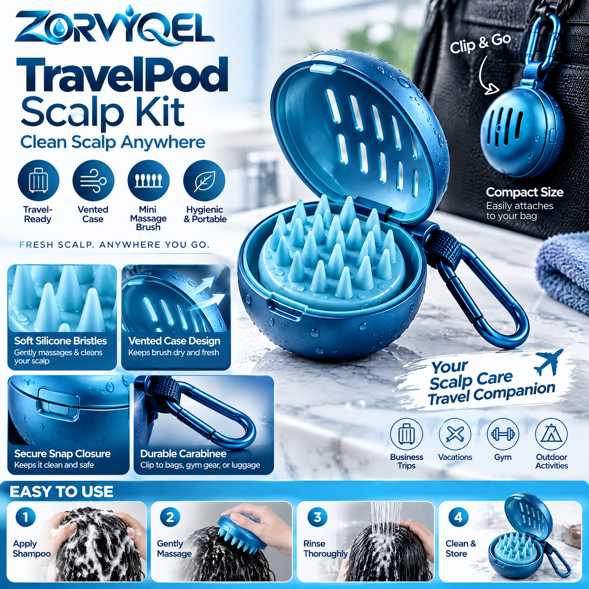 ZORVYQEL TravelPod Portable Scalp Massager Kit - Mini Silicone Shampoo Brush with Vented Protective Case & Clip for Gym and Travel