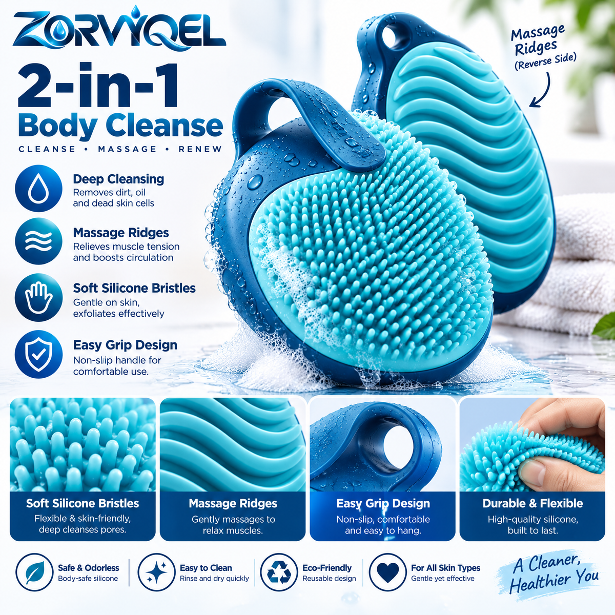 ZORVYQEL 2-in-1 Silicone Body Scrubber - Dual-Sided Shower Brush with Easy-Grip Strap for Body Cleansing & Massage