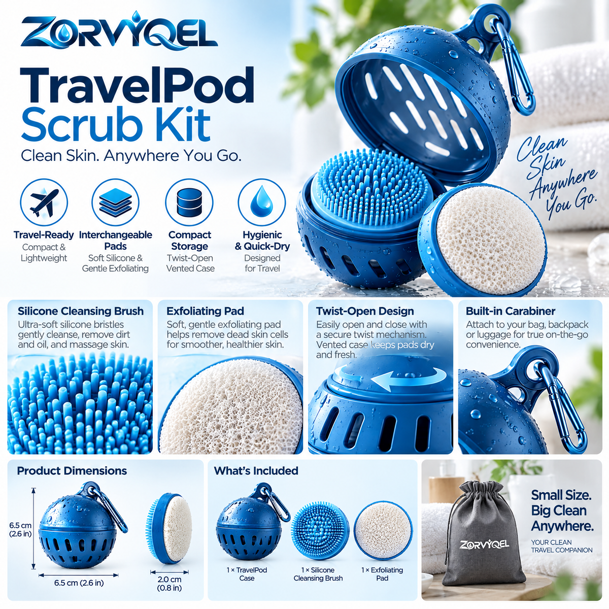 ZORVYQEL Travel Body Scrubber Kit - Portable Silicone Shower Brush with 2 Interchangeable Scrub Pads & Vented Carry Case