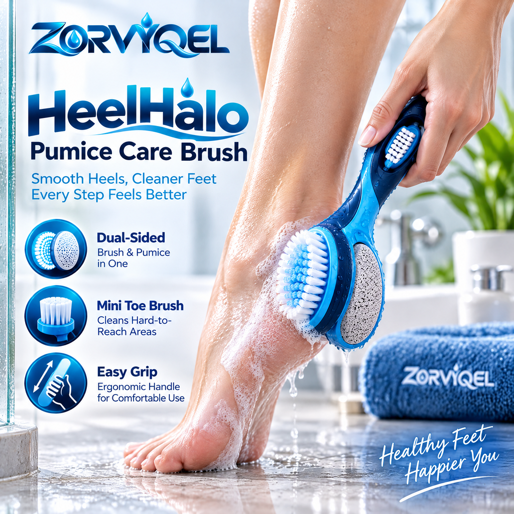 ZORVYQEL HeelHalo Pumice Foot Care Brush - Dual-Sided Heel Scrubber with Soft Cleansing Bristles, Ergonomic Handle & Mini Toe Brush