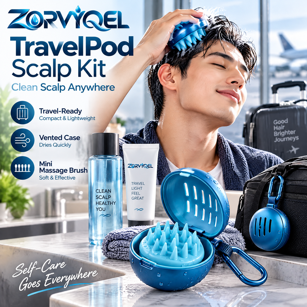 ZORVYQEL TravelPod Portable Scalp Massager Kit - Mini Silicone Shampoo Brush with Vented Protective Case & Clip for Gym and Travel