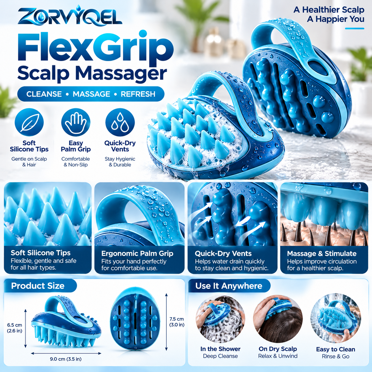 ZORVYQEL FlexGrip Silicone Scalp Massager & Shampoo Brush - Soft Scalp Scrubber with Easy Palm Strap and Quick-Dry Vents